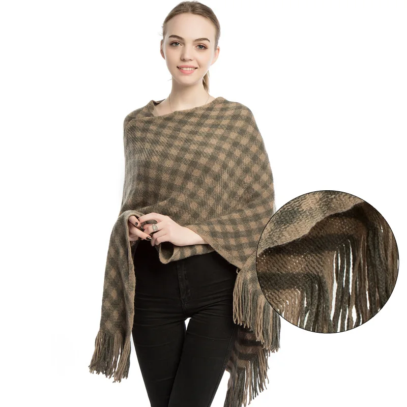 Lady's Solid Plaid Scarf in Winter Thickening Poncho Autumn Women's Khaki Red Tassels Warm Shawl |