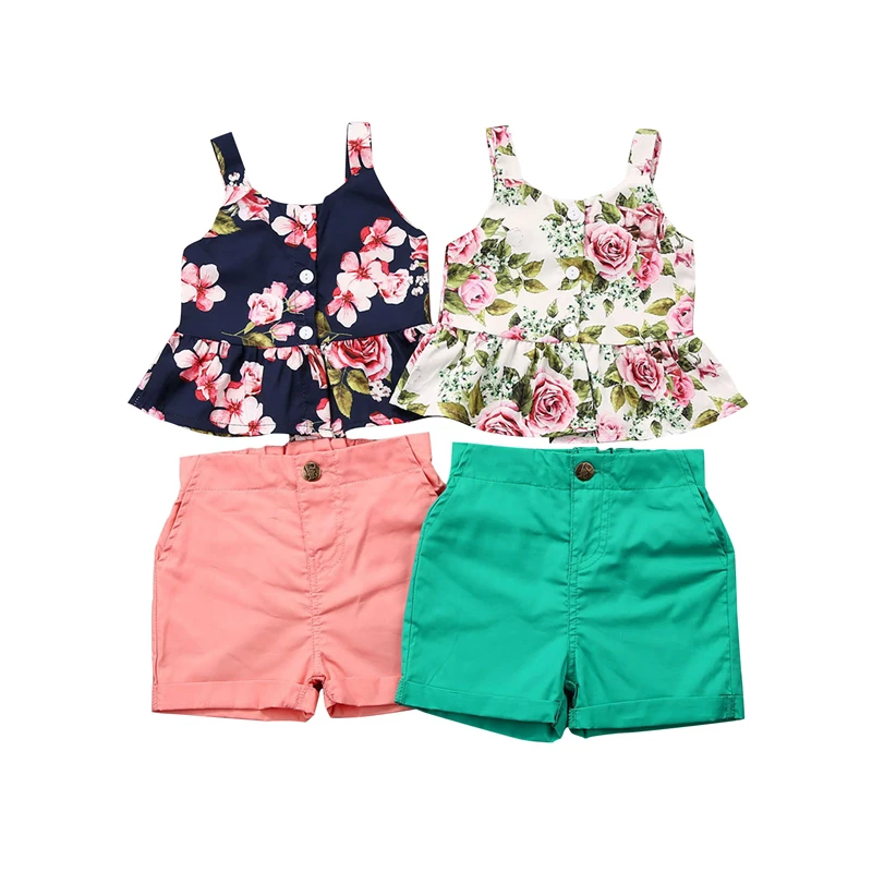 

2020 New Summer 2Pcs Set Baby Kids Girl Clothes arrival Cute Floral Strap Single Breasted Vest Solid Shorts Pants Outfits Set