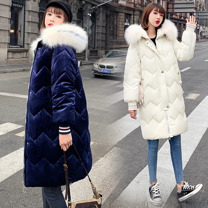 Best Winter Hooded Velve Parka Womens Thickening Outerwear Slim Down Cotton Coat Female 2019 New Long Fur Collar Winter Jacket Women