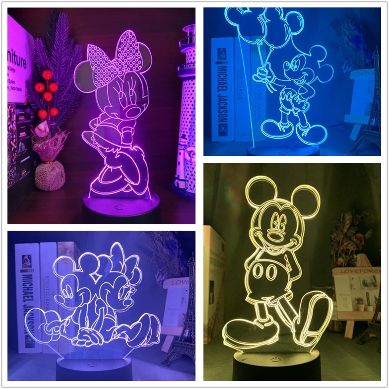Disney Cartoon 3D Lamp Minnie Mickey Mouse LED Night Light Acrylic Visual Illusion 7 Colors Chnaging Desk Lamp  kids Toys Dolls
