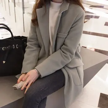 

New Fashion Women Winter Turn-down Collar Pocket Thick Woolen Coat Outwear M L XL XXL