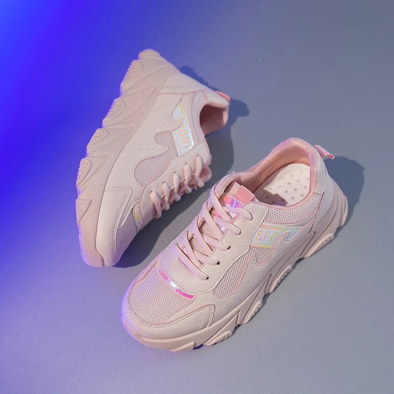 pink ERNESTNM/белые кроссовки; сезон осень; блестящая обувь; женские кроссовки из искусственной кожи; кроссовки с дышащей сеткой; женская обувь на массивном каблуке; Sapatos De Mujer - Цвет: pink