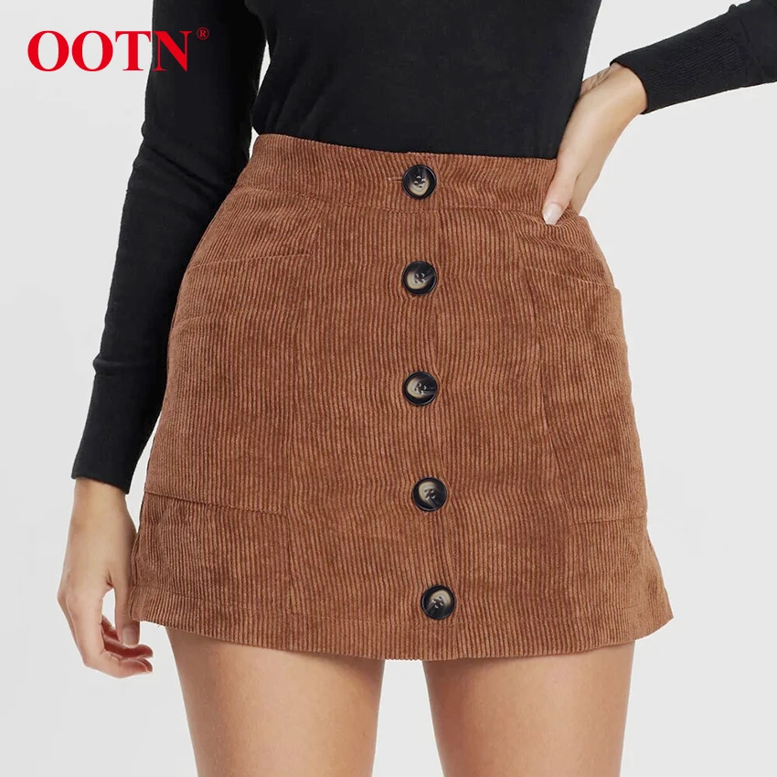 

OOTN Single-Breaste Corduroy Autumn Women Skirt High Waist Office Mini Skirt Brown Winter Casual Slim A-Line Skirts Female 2019