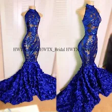 Королевское синее сексуальное платье русалки для выпускного вечера es роскошное длинное платье без рукавов с высоким воротом и объемными цветами вечерние платья Vestido de festa