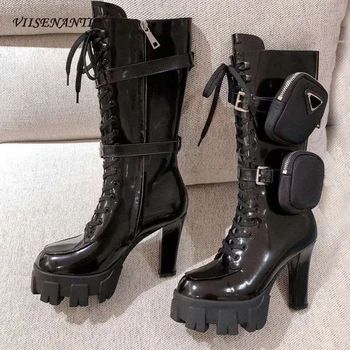 

Mid-Calf Genuine Leather Motorcycle Boots Round Toe Super High Heel Autumn Platform Pockets Bag Designer Luxury Brand Shoes