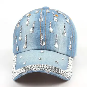 

Brand New Denim Hats Fashion Leisure Hot Sale Woman Cap With Water Drop Rhinestones Vintage Jean Cotton Baseball Caps For Men