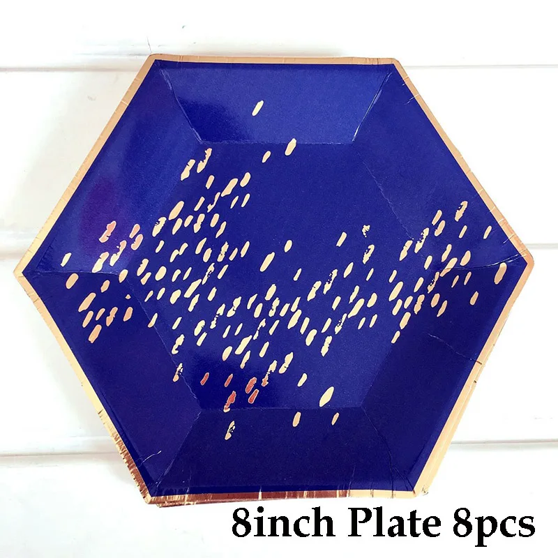 7inch plate 8pcs Синие золотые фольги бумажные тарелки для свадебного декора счастливый день рождения, детский душ одноразовая посуда для вечеринки столовые приборы - Цвет: 7inch plate 8pcs