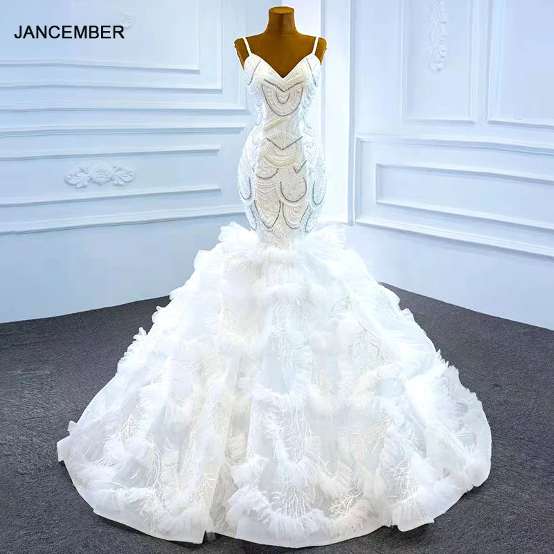J67123 White Meimaid Wedding Dress 2021 Appliques Pearls V-Neck Spaghetti Straps Sleeveless Lace Up Back Beading 1
