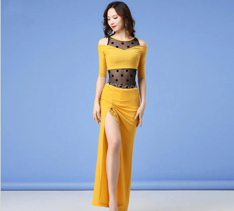 Женский костюм для танца живота черная сетчатая юбка в горошек с длинным рукавом