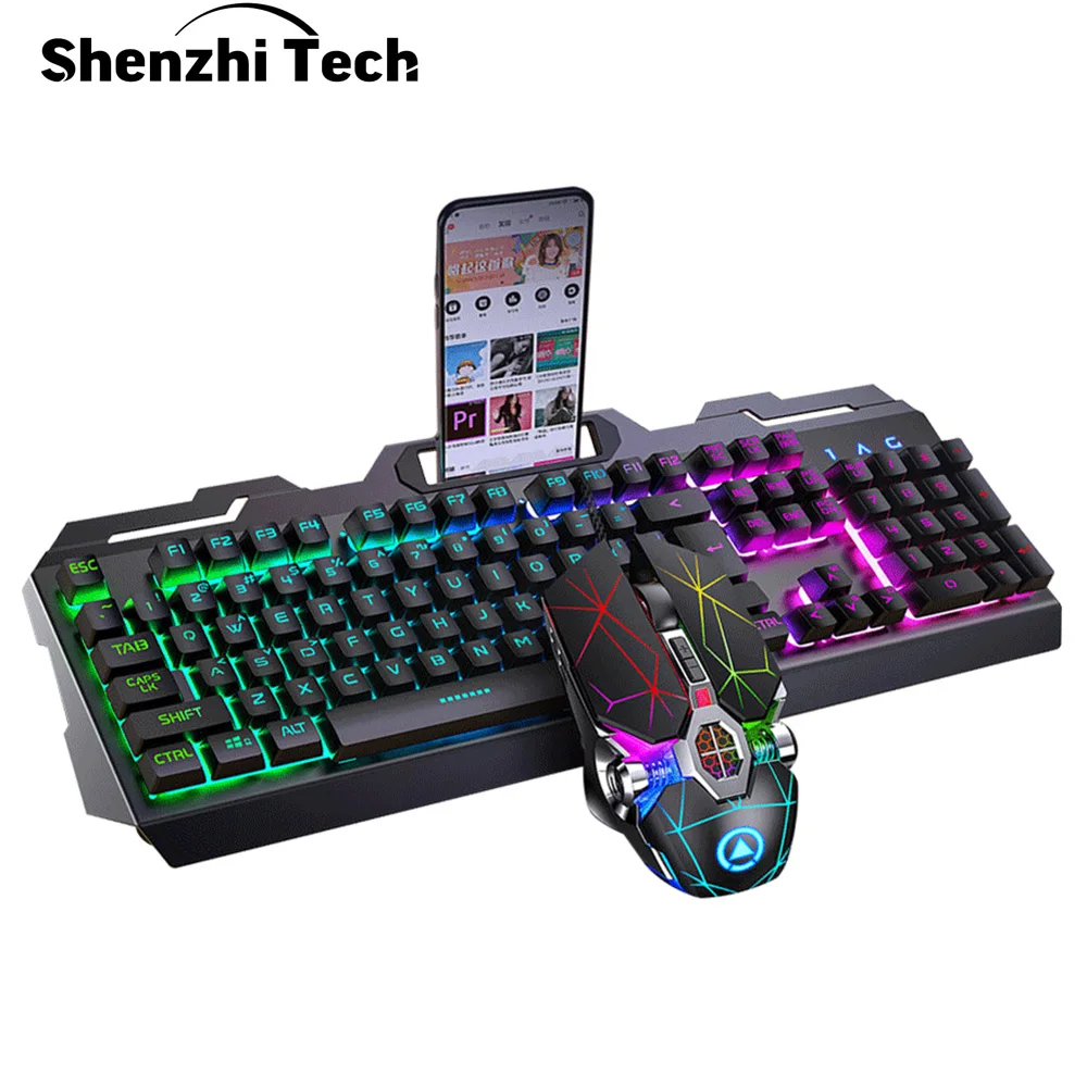 

Gaming Keyboard Mouse Computer Keyboard Mechanical Feeling Metal Panel Phone Holder Gamer Mouse RGB Backlit For Home Office