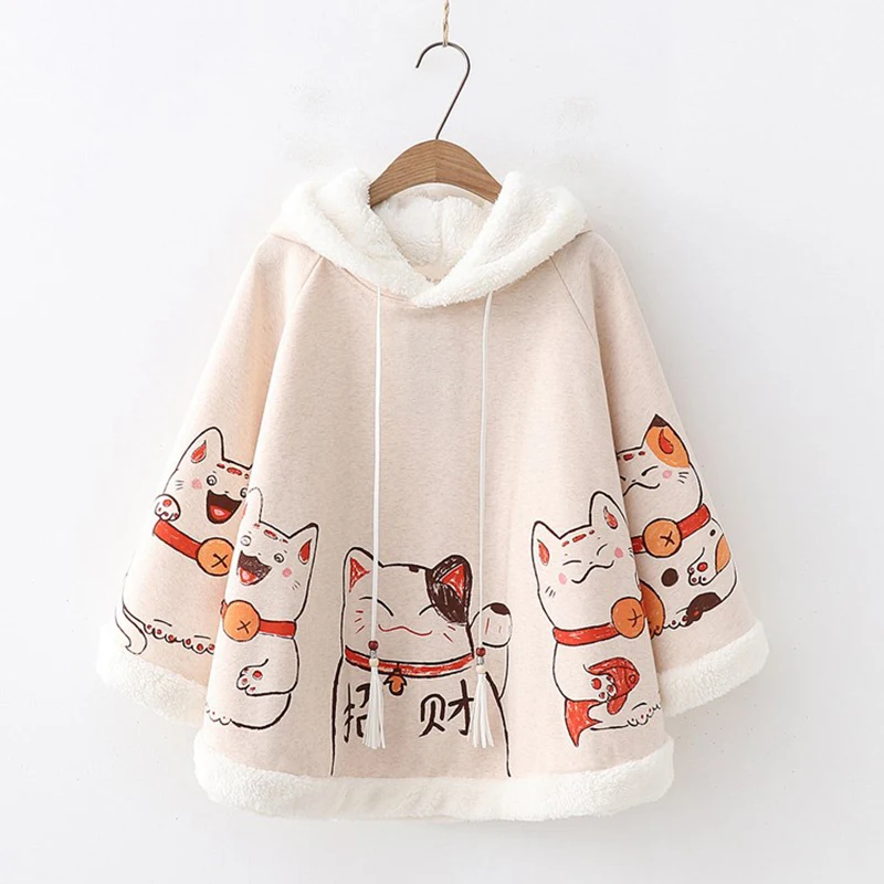 Возможно у женщин абрикосовый искусственный шерстяной плащ куртка милый счастливый кот пуловер с капюшоном свободное милое зимнее пальто C0377