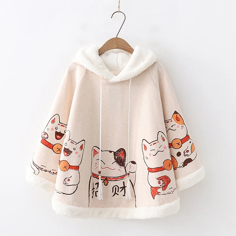PERHAPS U women apricot faux wool Cloak jacket cute lucky cat hooded pullover loose sweet coat winter C0377 | Женская одежда