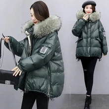 2021 New Big Fur Collar Parka Coat Women Winter Down Jackets Oversized Glossy Down Cotton Coat Female Hooded Overcoat Pocket 4XL