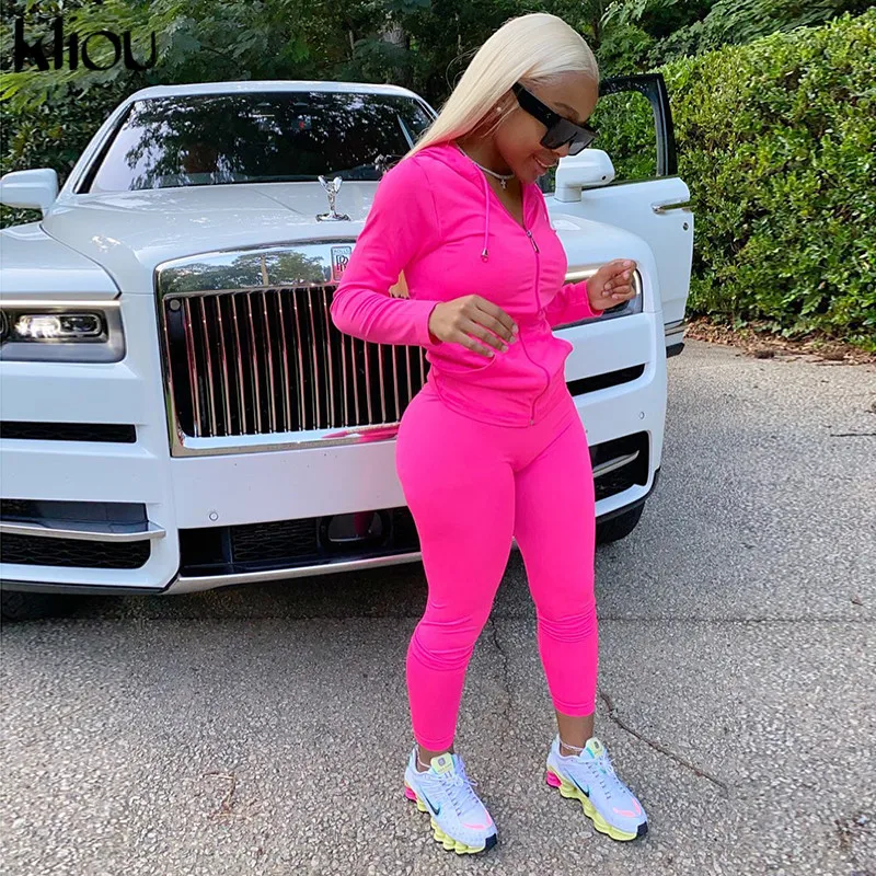 Kliou-top de manga larga con bolsillo y cremallera para mujer, leggings deportivos a juego, conjunto de entrenamiento, bodycon, informal, elástico, novedad de otoño