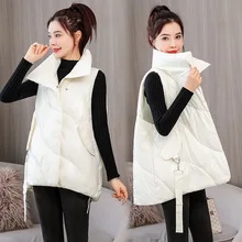 

Casual Solid Warm Cotton Padded Vest Female Loose Short Waistcoat 2021 Women's Sleeveless Winter Jacket Glossy Stand Collar Coat