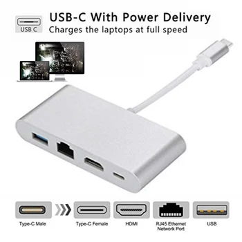 

Pohiks 1pc High Quality 4 in 1 Type-C to HDMI 4K RJ45 Hub Portable USB 3.0/3.1 Port Adapter Converter For PC Laptop Computer