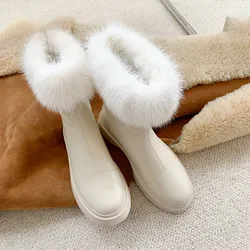 2021 New Women′s Snow Boots Plus Velvet Thick-soled Flat-bottomed Fur Shoes Leather Mink Martin Boots Winter Warm Cotton Boots