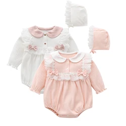 Princess Lace Flower Baby Girls Clohtes 2023 Summer Bow Bodysuits Long Sleeve Infant Girls Jumpsuit with Hat