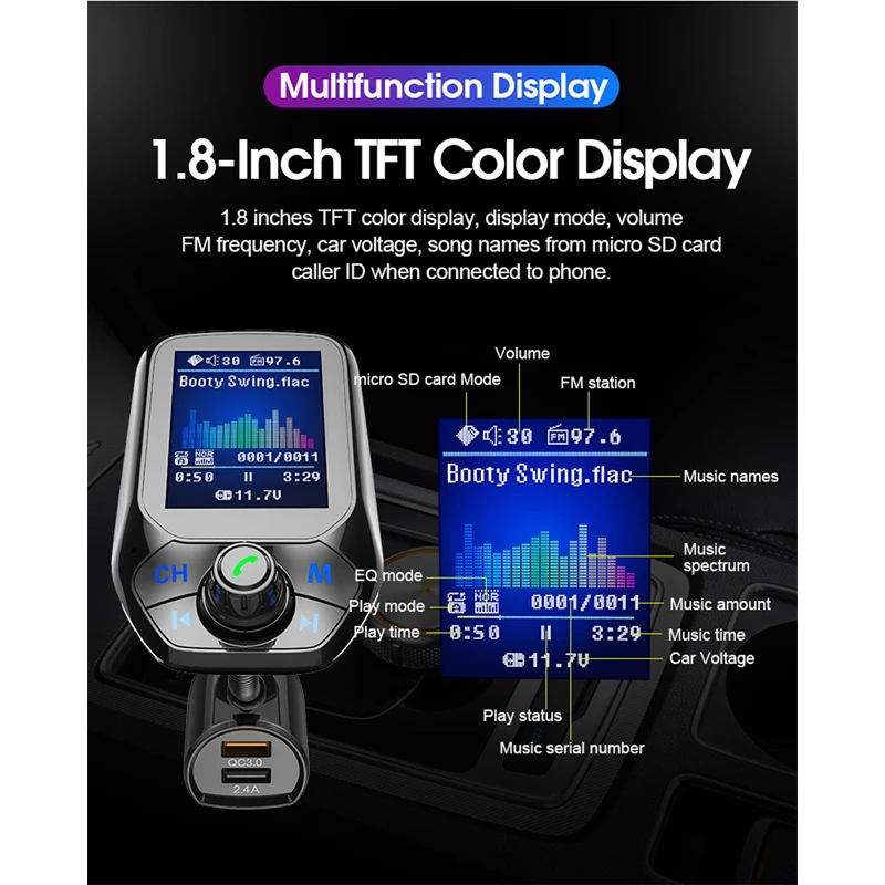 Автомобильный MP3-плеер, Bluetooth, прикуриватель, зарядное устройство, авто, двойной USB, зарядка, для автомобиля, без рук, музыкальный автомобиль, QC 3,0, зарядное устройство, разъем 12 В