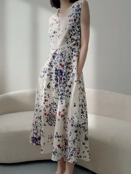 

100% Cotton Women's Dress V-neck High Waist Floral Print Sleeveless Midi Dress with Pockets