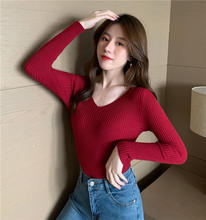 2020 Fashion Basic V-Neck Solid Autumn Winter Women’s Pullover Sweaters Woman Knitted Slim Long Sleeve Top Sweater Cheap Blouses