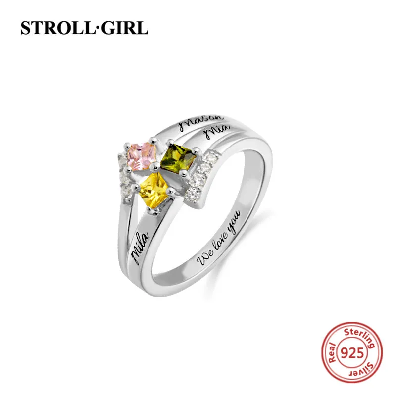 

StrollGirl 925 Sterling Silver Family Three Birthstone Personalized Engraved Customized name Rings for Women Mom's Jewelry Gifts