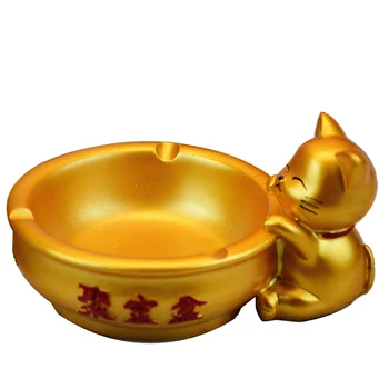

Chinese Lucky Cat Gold Ashtray Round Cornucopia Ash Tray Resin Craft Ornament Car Decoration Home Decor Opening Birthday Gift