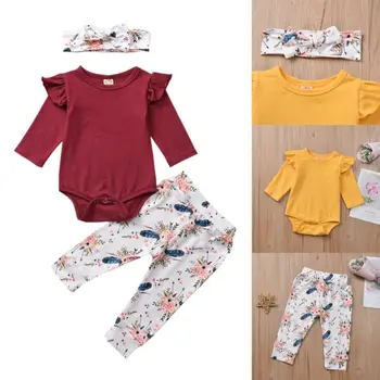 

CANIS Autumn Newborn Infant Baby Girls Outfits Clothes Long Sleeve Tops Romper Floral Printed Pants Headband 3Pcs Set