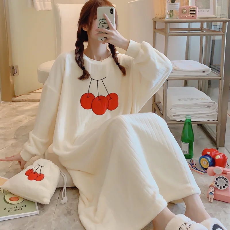 Корейская женская фланелевая ночная рубашка kawaii больших размеров, зимняя теплая женская ночная рубашка для отдыха, одежда для сна, отправляется в тот же мешок для хранения, пижама