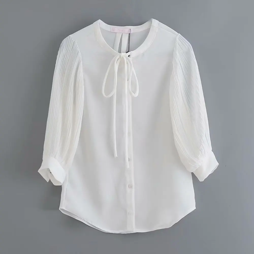 

new women elegant pleated sleeve patchwork white chiffon blouses chic shirts women bow tied o neck casual blusas tops LS4169
