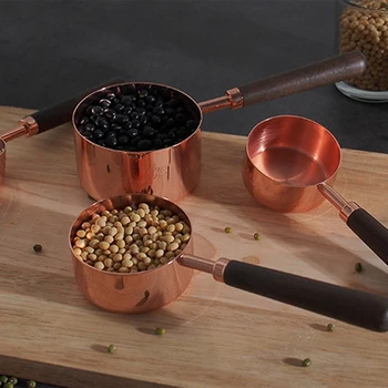 

Household Kitchen Dining Bar Baking Tools Wooden Handle Copper Plating Measuring Cups Spoon Cake Sugar Tools Set