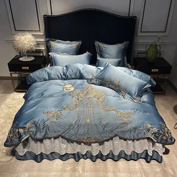 Brand Luxury Satin Egyptian Cotton Bedding Set Gold Embroidery Europe Palace Duvet Cover Bedsheet Lace Bed Skirt Pillowcase