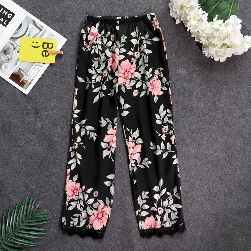 New Womens Lace Long pants Pajamas Spring Summer Casual Silky Home Wear Sleep Pyjama Bath Trousers M-XXL - Цвет: Balck - B