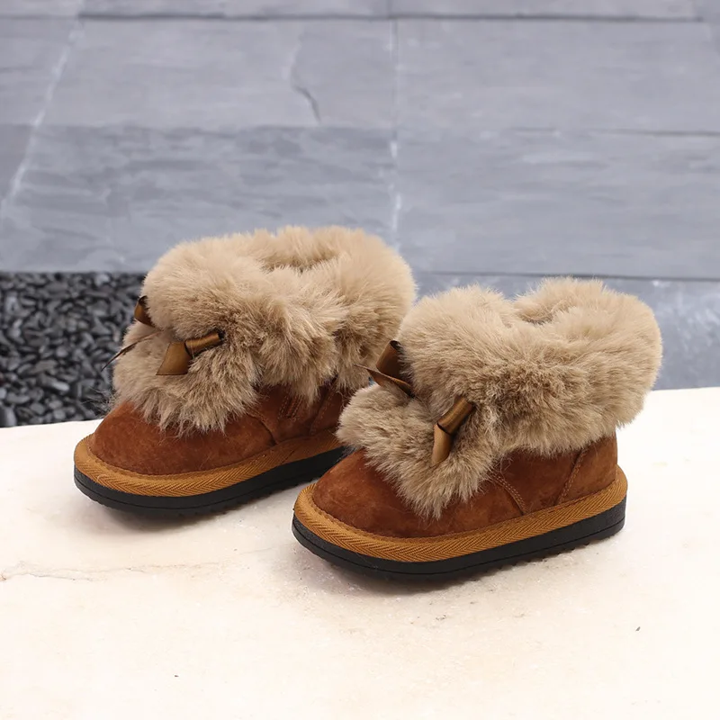 

2019 winter new children's snow boots baby bow fur low boots girls warm plus velvet boots