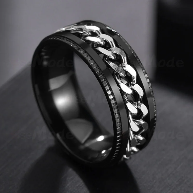 Black and Steel UZone панк Рок Spinner кольцо из нержавеющей стали цепь ротационные кольца для мужчин и женщин аксессуары пара колец рождественские подарки - Цвет основного камня: Black and Steel