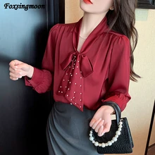 

2021 Women Blouse Spring Autumn Bow Tie Elegant Satin Chiffon Shirts Long Sleeve Top V-neck Office Casual Female Blouses