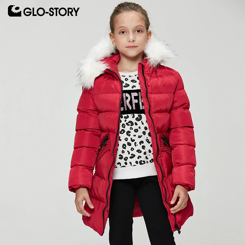 

GLO-STORY Casual Winter Jacket for Girls with Fur Hooded Zipper Pocket Velvet Children Long Parkas Coats New 92-164cm GMA-8494