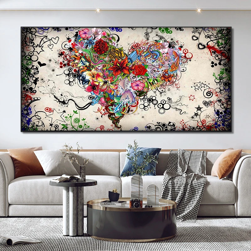 

Colorful Heart Flowers Love Canvas Painting Abstract Posters and Prints Wall Art Pictures For Living Room Home Decor Cuadros