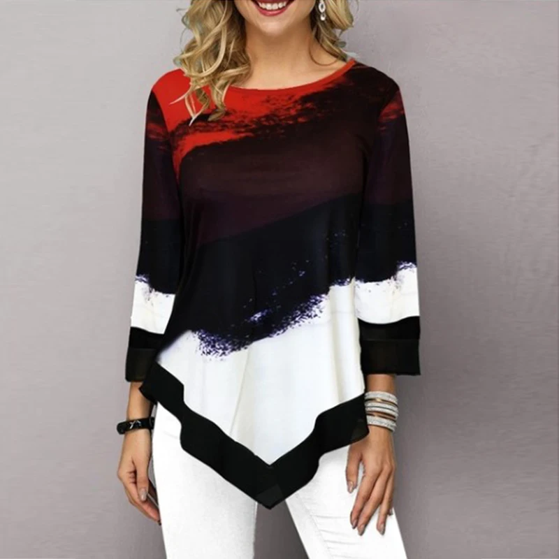 Осенняя туника с принтом размера плюс, свободные женские блузки с круглым вырезом, женские рубашки с рукавом три четверти