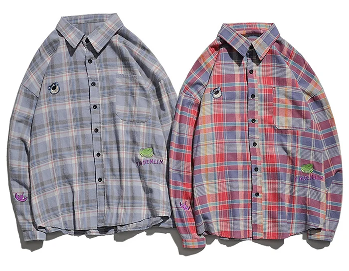 Aelfric Eden Cartoon Plaid Men Shirts Fashion Harajuku Tops Hip Hop Casual Cotton Oversized Male Long Sleeve Streetwear Outwear