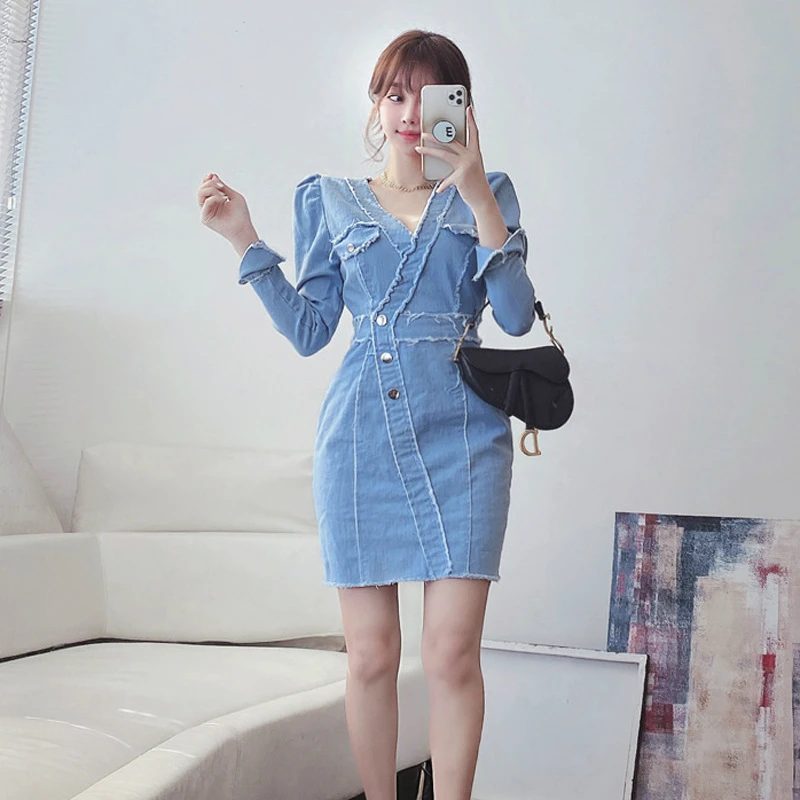 2020 Fashion Jeans Dress for Women Clothing Long Sleeve Singer Button Wrap Blue Dress Woman Casual Elegant Mini Fall Dress Lady