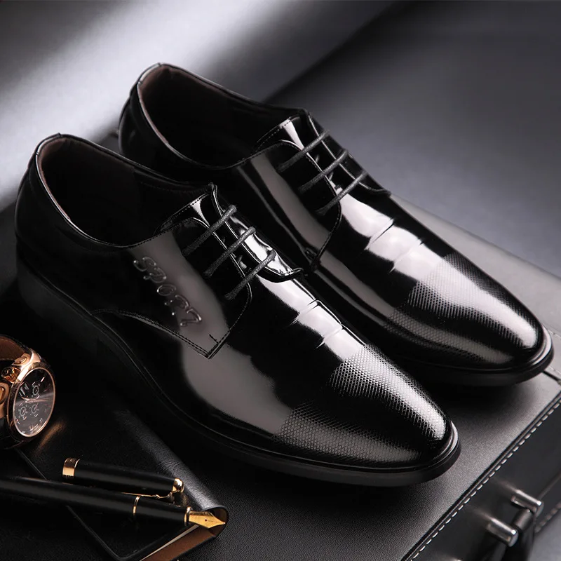 

2019 Spring New Style Business Casual Shoes Men round-Toe Lace-up Patent Leather Bright Surface Leather Shoes Dress Shoes Trend