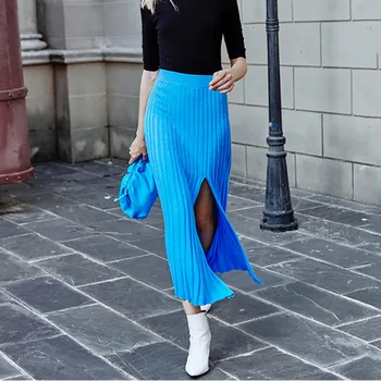 

High Lastic Waist Blue Vent Split Knitting Temperament Half-body Skirt Women Fashion Tide New Spring Utumn 2020 1402
