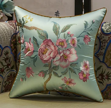Light blue Классический китайский стиль, подушка с цветами, с внутренним размером 45x45 см, подушка с вышивкой, декоративная подушка для стула - Цвет: Light blue