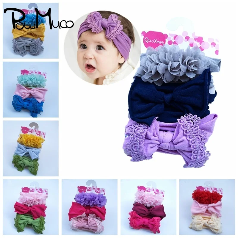 

Powmuco 3pcs/lot Fashion Handmade Flowers Elastic Headband Baby Girls Bowknot Nylon Hairbands Bows Headwear Photography Props