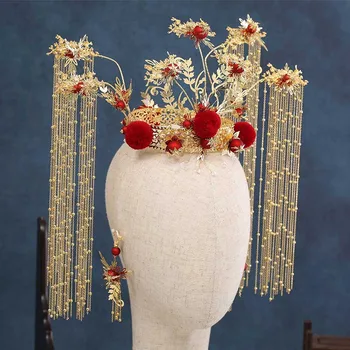 

FORSEVEN Ancient Chinese Style Red Gold Color Phoenix Coronet Long Tassel Step Shake Tiaras Earring Bridal Wedding Hair Jewelry