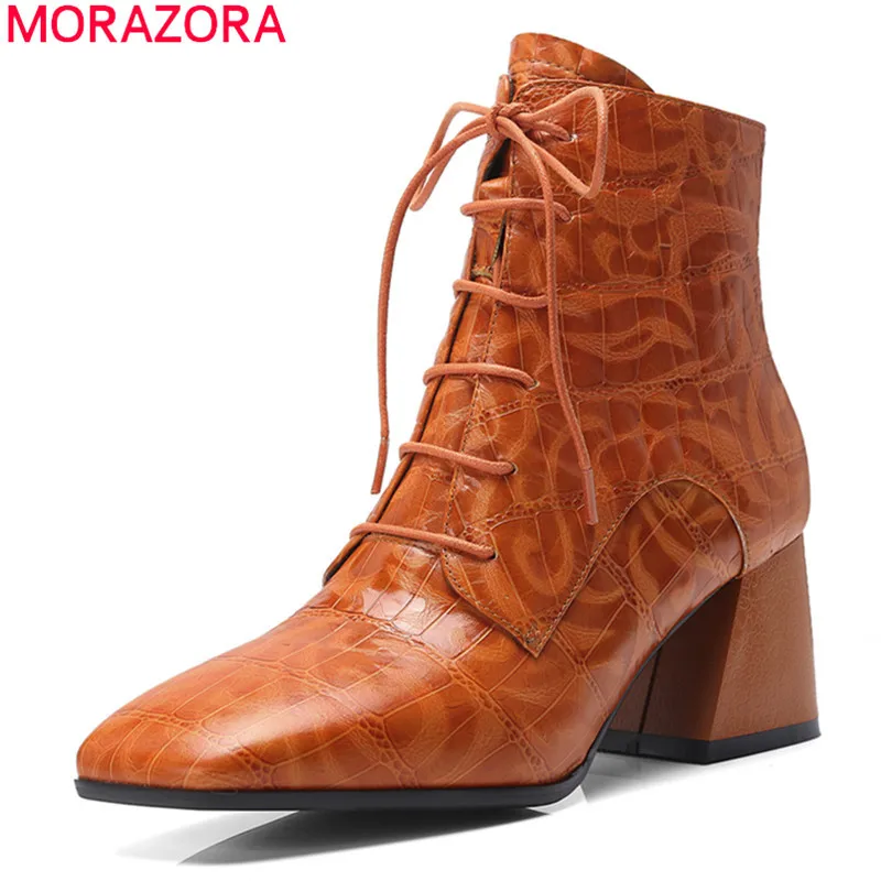 

MORAZORA 2020 big size 34-42 genuine leather women boots thick high heels square toe fashion lace up autumn winter ankle boots
