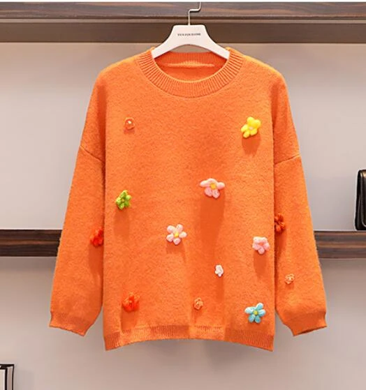 Осенний повседневный комплект из двух предметов, женский свободный пуловер с рисунком подсолнуха, свитер+ джинсы длиной до щиколотки, комплект со штанами размера плюс - Цвет: Orange top