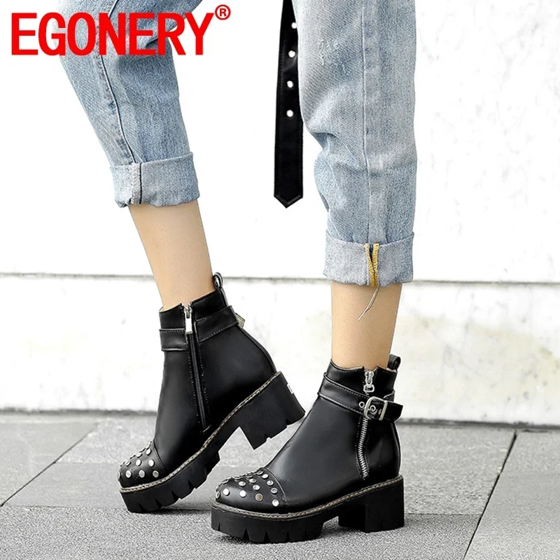

EGONERY woman shoes 2019 winter new fashion round toe rivet zip warm ankle boots outside mid heels platform shoes drop shipping