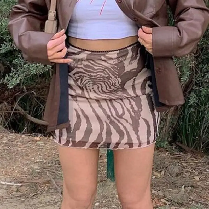 

2021 Summer Women Mini Brown Skirt Mesh Tie Dye Animal Print Streetwear Harajuku Y2k Sexy Bodycon High Waist Clubwear Skirts